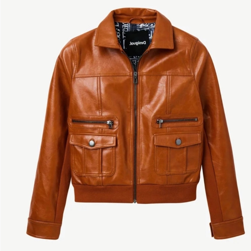 Desigual Brown Bomber Jacket with Ribbed Cuffs and Waistband